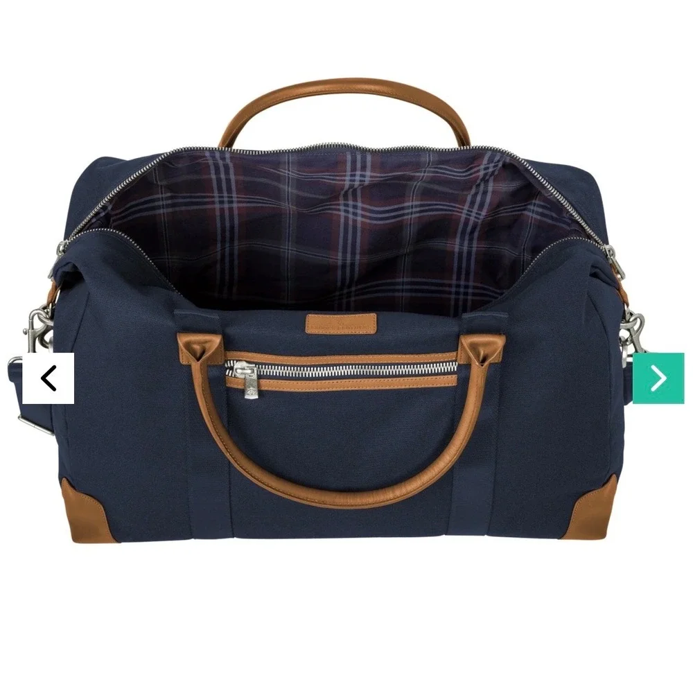 Brooks Brothers Navy Canvas Duffle Bag Leather Trim Weekender Travel Bag 42.3L